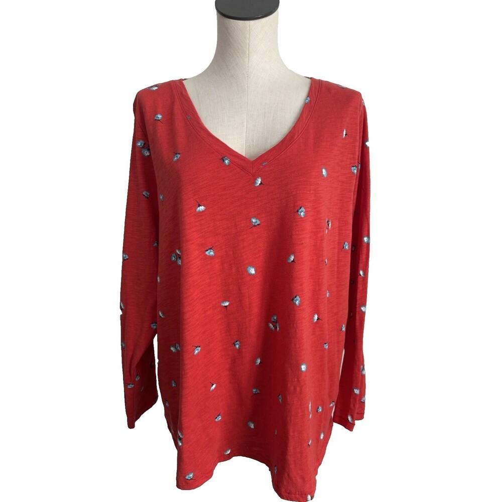 Sonoma Orange Floral V Neck Top Cotton Knit Everyday Tee Shirt Size 1X